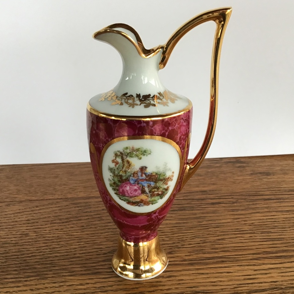 Vintage Limoges France Porcelain Miniature Ewer Pitcher Pink Gilt Fragonard